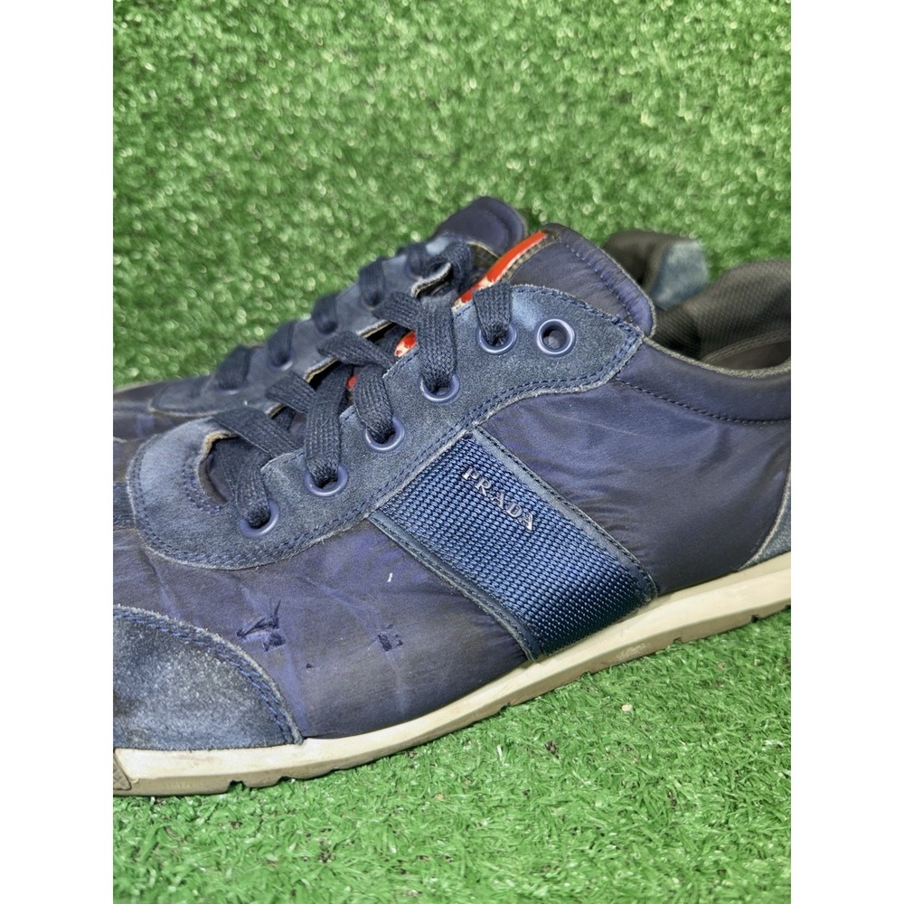 PRADA Mens Size 13 US Suede Leather Nylon Shoes Navy Red Stripe‎ Luxury Sneakers - Picture 5 of 14